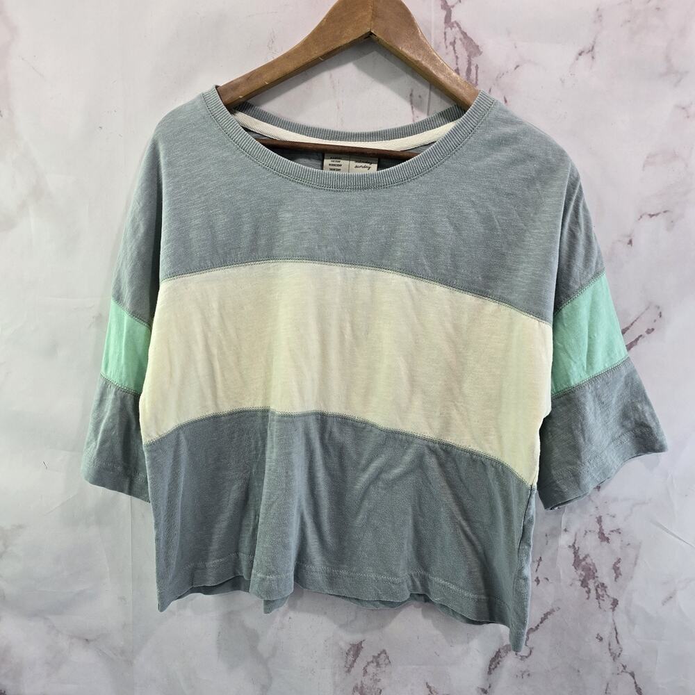 Anthropologie Top Womens Small Blue Gray Boxy Crew Neck Crop Saturday Sunday